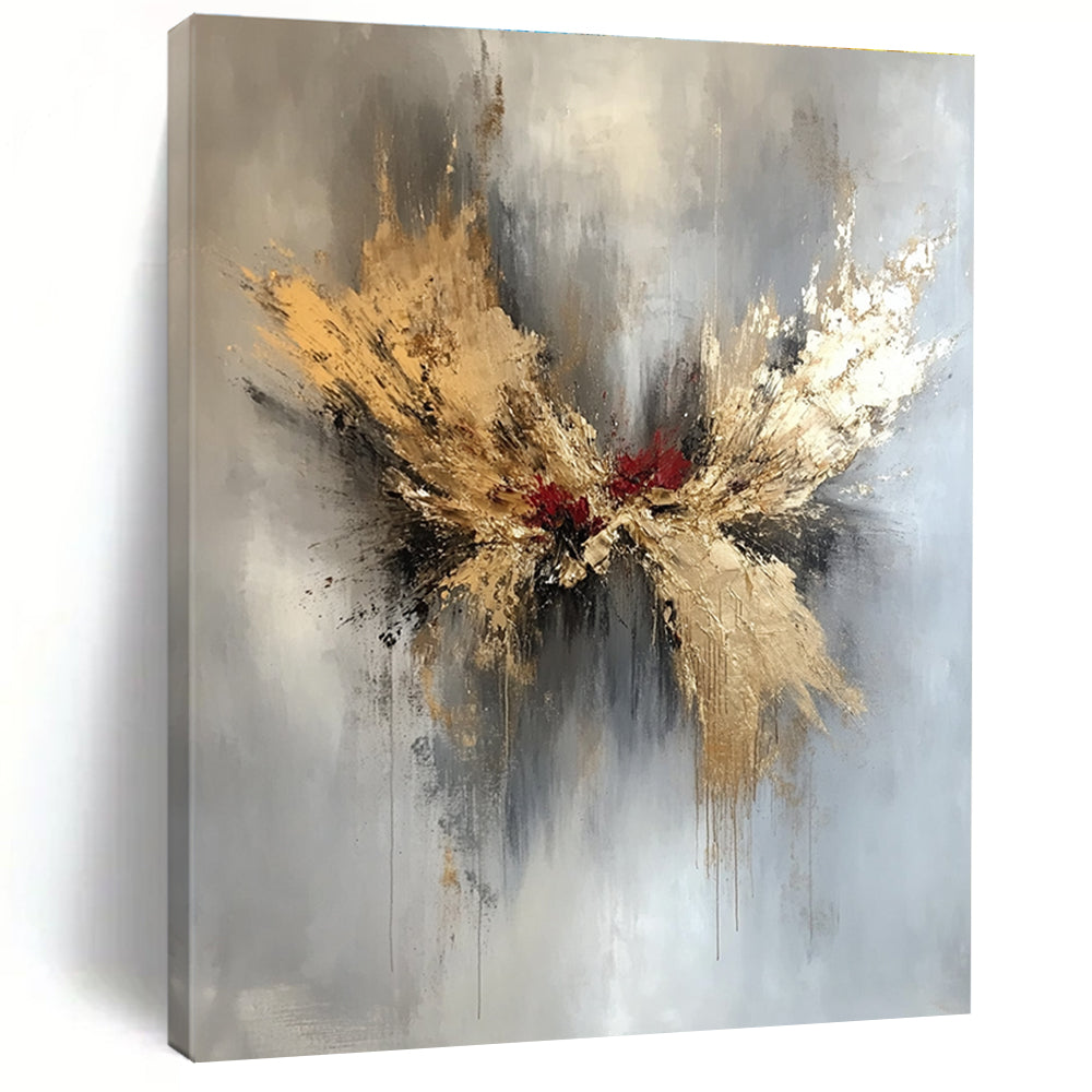 Large abstract painting in gold and silver with red and black splashes featuring elegant floral design and organic forms on a white background.STSC729