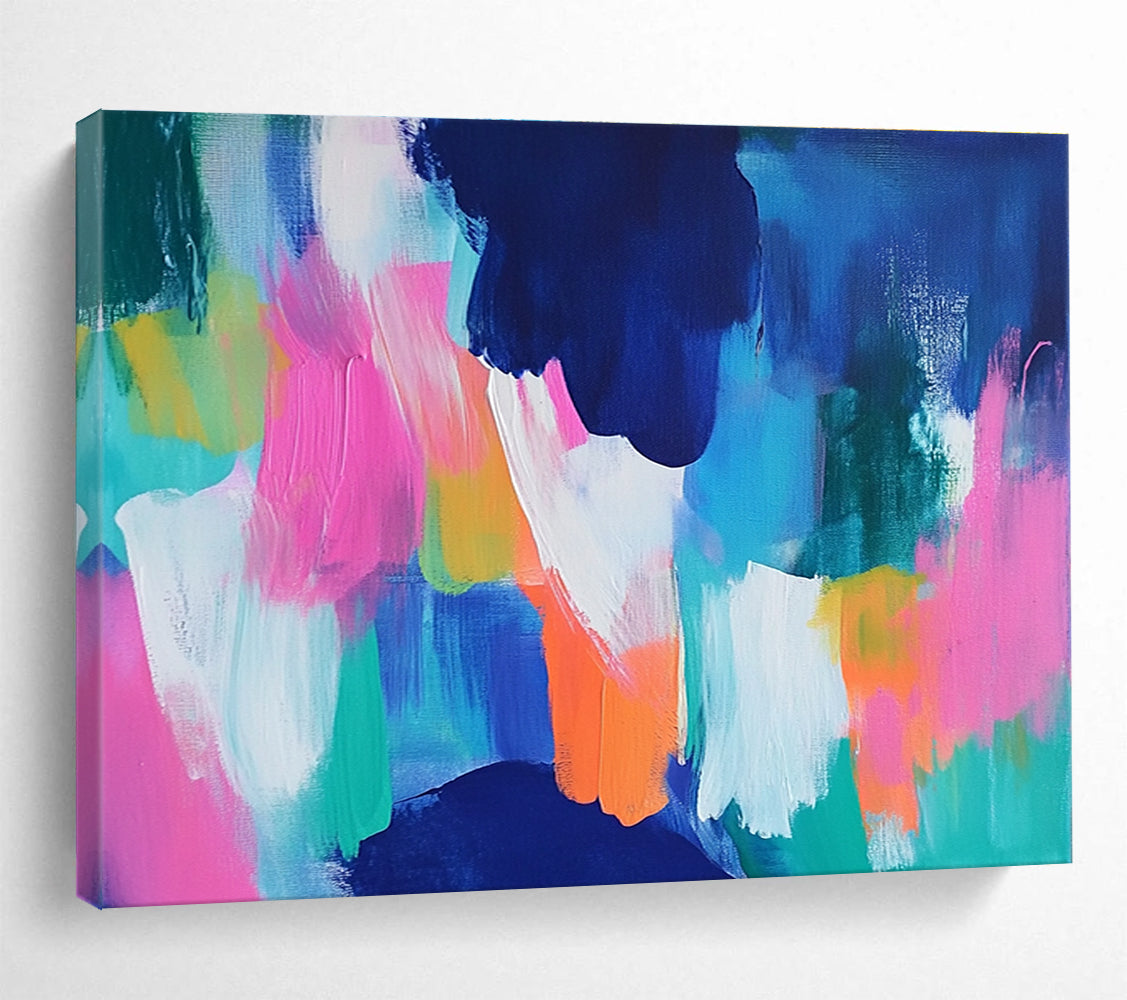 A large abstract painting with bold blue and pink backgrounds and bright orange, green, and turquoise foregrounds, conveying energy and movement.SC562