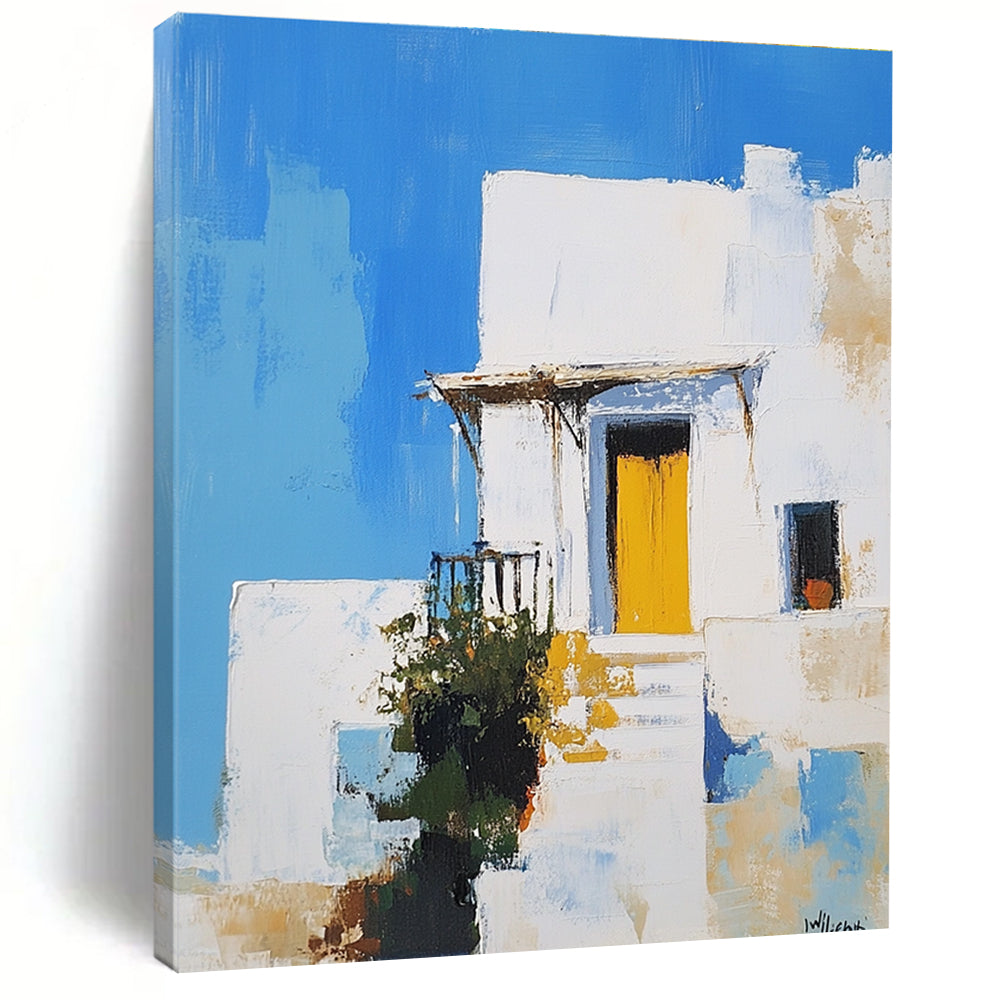 An abstract painting featuring a white Greek-style house with a yellow door against a blue sky inspired by Peter Wileman.STSC1253