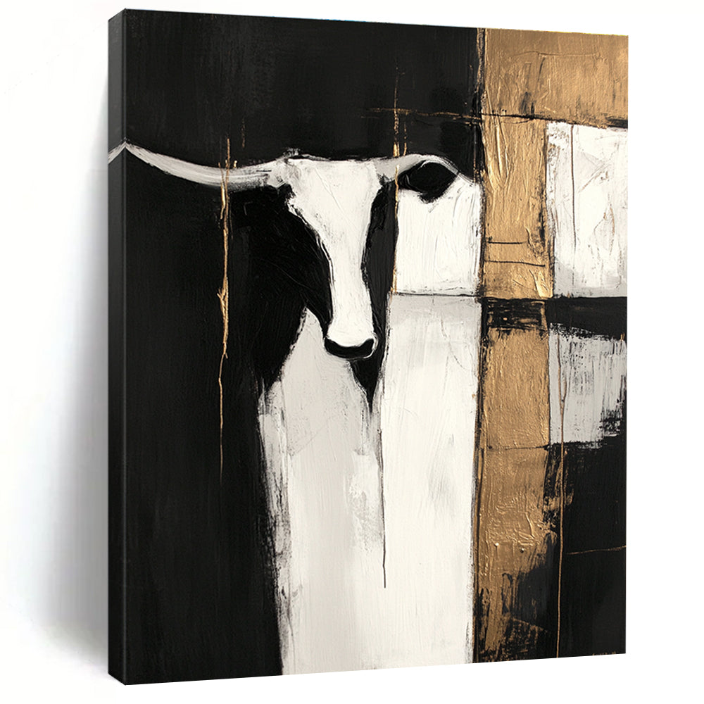 Large abstract painting in black and white with gold accents featuring cow shapes and wood planks on a dark background with visible brush strokes.STSC223