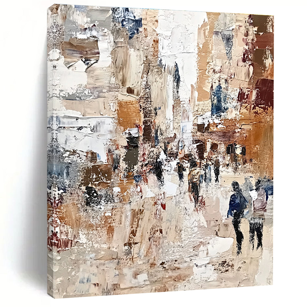 Large abstract painting of a bustling cityscape with textured impasto strokes in muted earthy tones and patchworks of warm colors, evoking impressionistic depth.STSC597