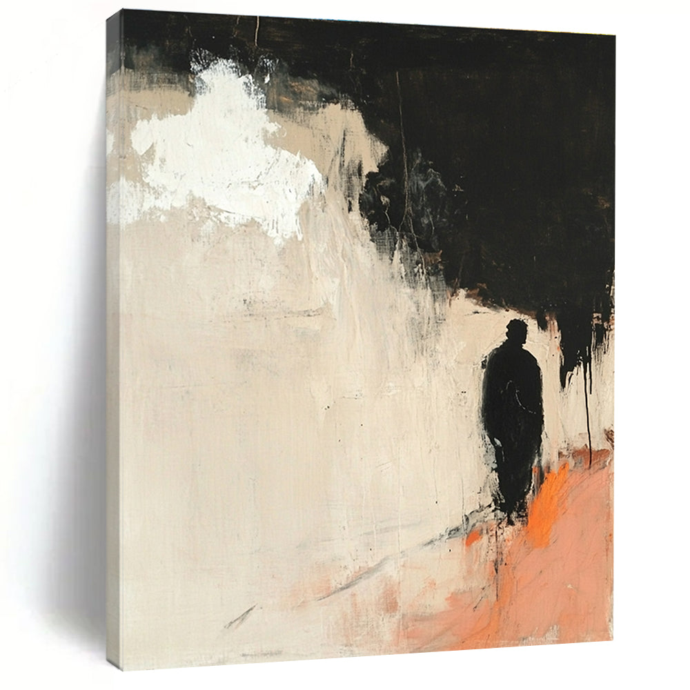 Large abstract painting with minimalist light pink and black hues features a silhouette of an old man and a white cloud with orange highlights.STSC247