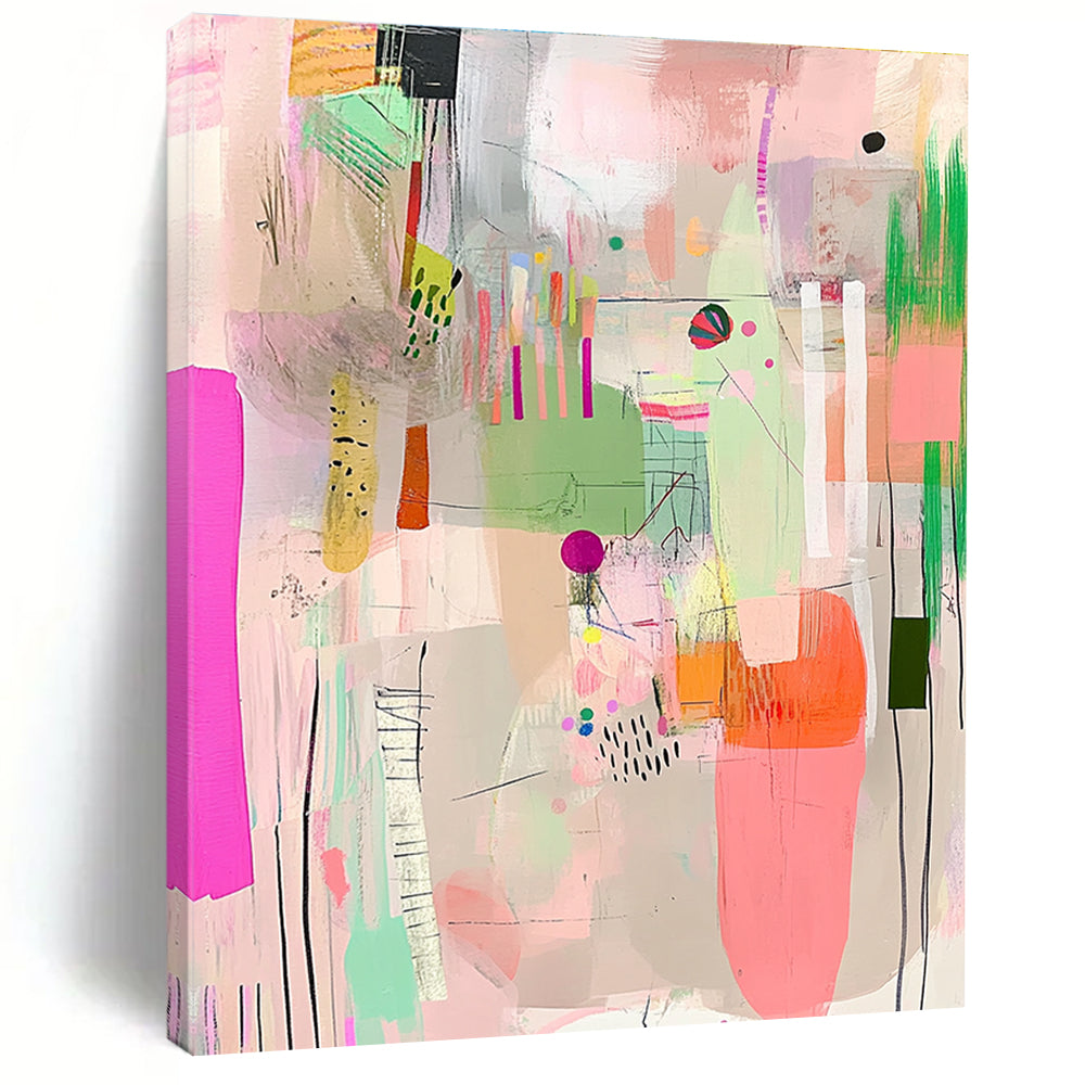 Large abstract artwork features vibrant pinks greens and yellows with playful textures patterns and a joyful sense of movement against a soft white background.STSC573