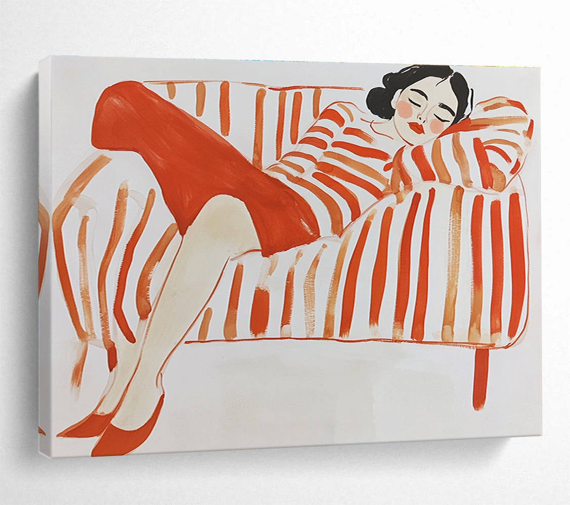 A large abstract painting in gouache featuring a woman lounging on a striped couch with simple lines in red and orange hues on a white background.SC496