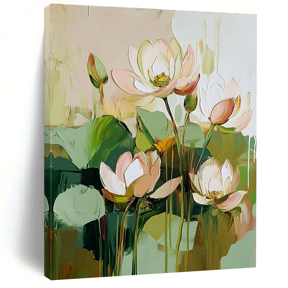 Large abstract painting featuring green plants and lotus flowers in a beige pink and white color palette with detailed brush strokes in a cottagecore style.STSC188