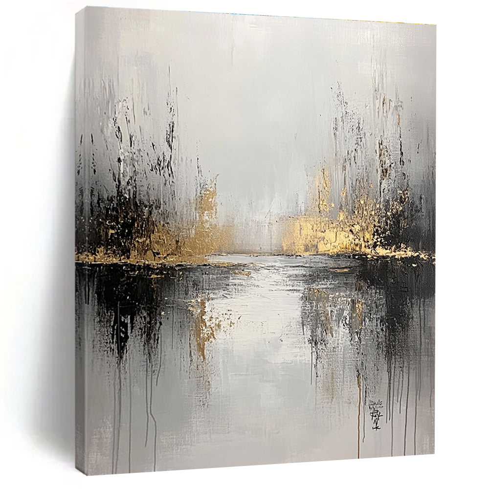 Large abstract painting featuring a gray and white background with gold accents and soft edges evoking tranquility and solitude through layers and distant foliage.STSC396