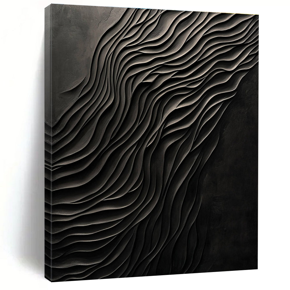 Large abstract art piece featuring dark carved wood with smooth forms and a monochromatic gray palette creating a mysterious atmosphere.STSC1289