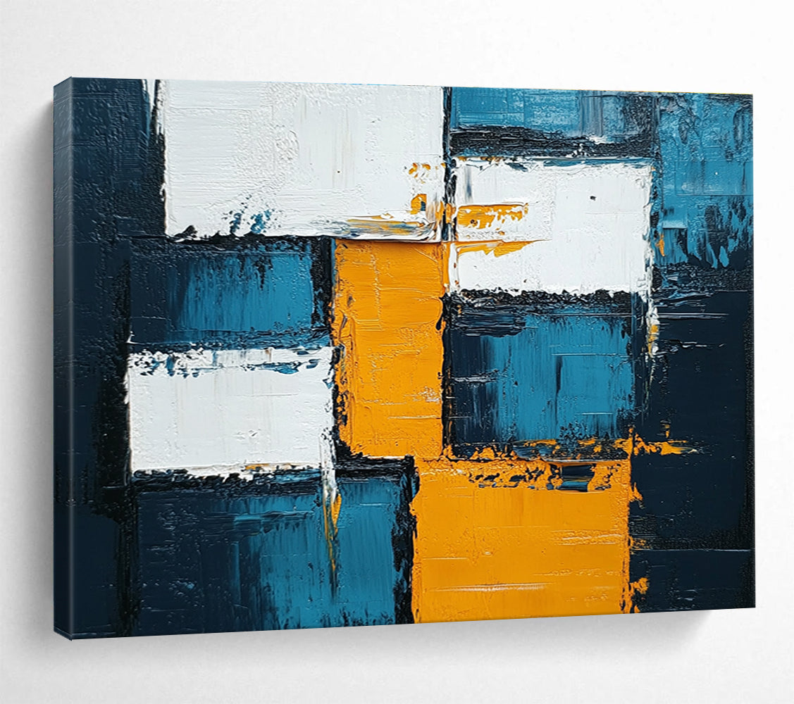 Large abstract painting featuring blue, white, and yellow squares with thick impasto texture, embodying bold expressionism for any modern space.SC122