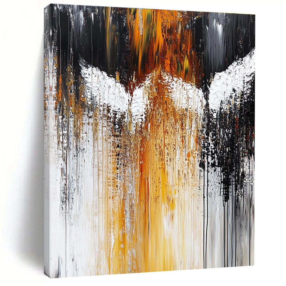 Large abstract painting featuring white angels with dark gray and amber hues heavy brush strokes and dripping paint in an expressive style.STSC203