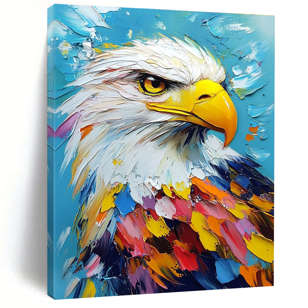 Large abstract painting featuring a colorful bald eagle portrait on a vibrant blue background, created with impasto oil techniques on canvas.STSC1285