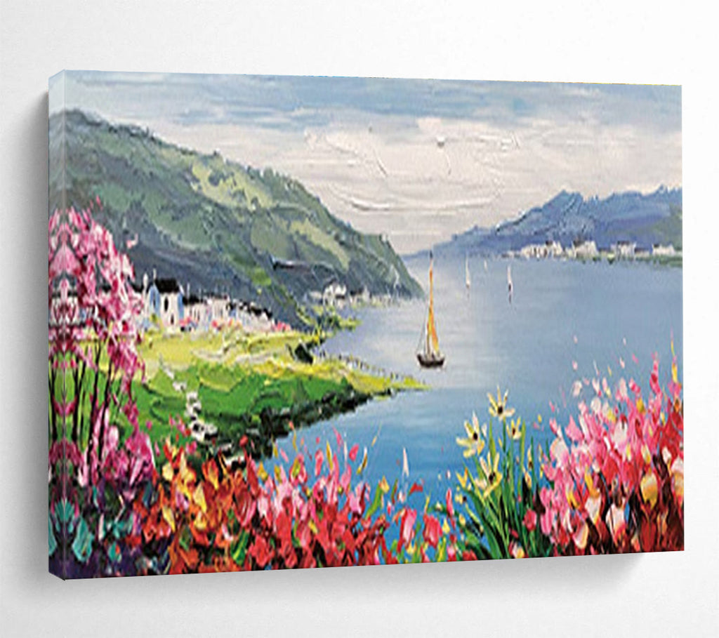 Lakeside Village Abstract Painting with Blue, Green, and Pink Tones THY209