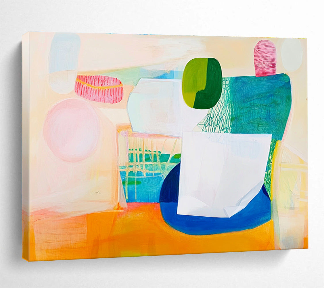 Large abstract painting featuring a white paper bag soft pink and green shapes with blue accents on a warm light orange background.SC518
