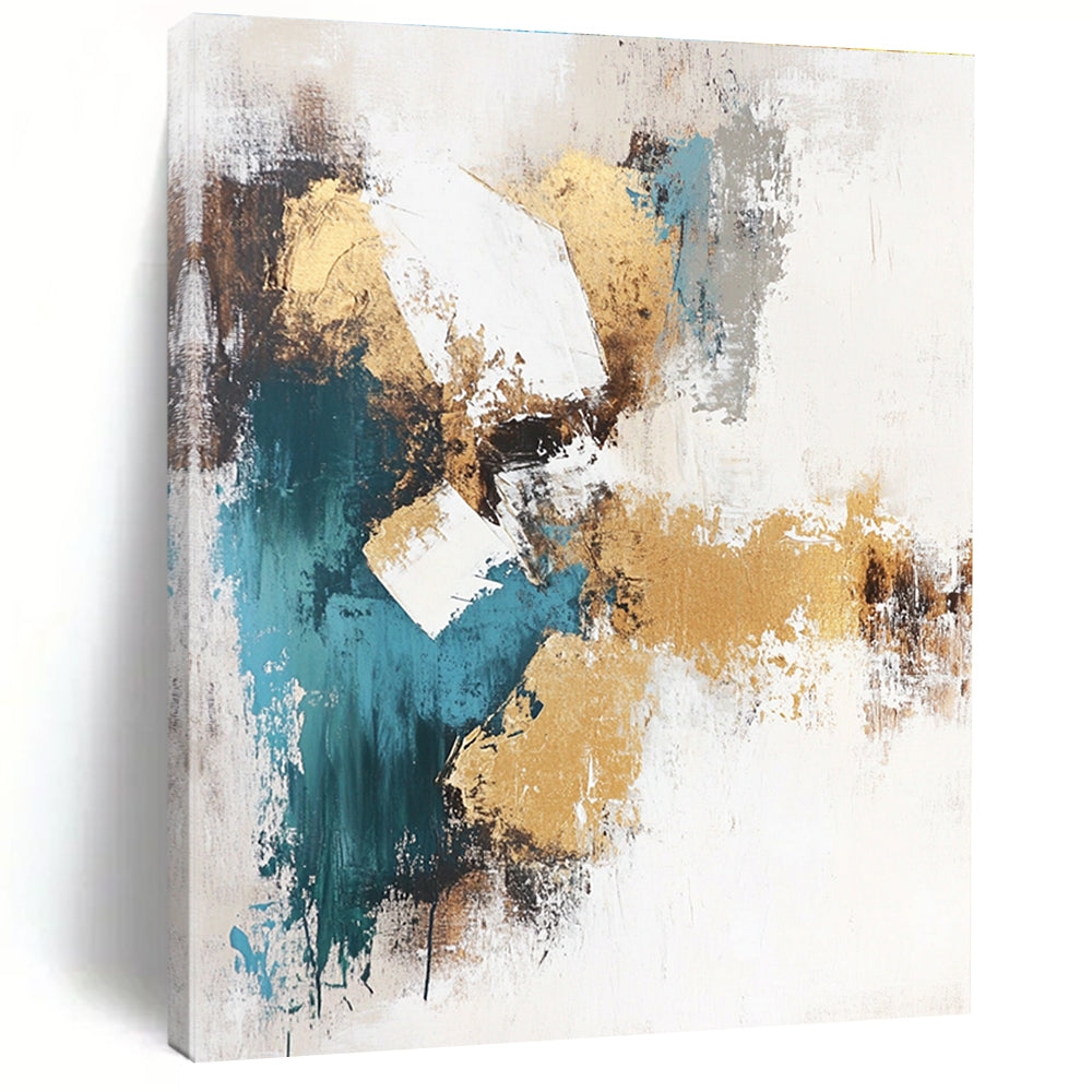 Large abstract painting in beige and teal tones featuring gold foil accents on a white background. Perfect for modern decor.STSC211