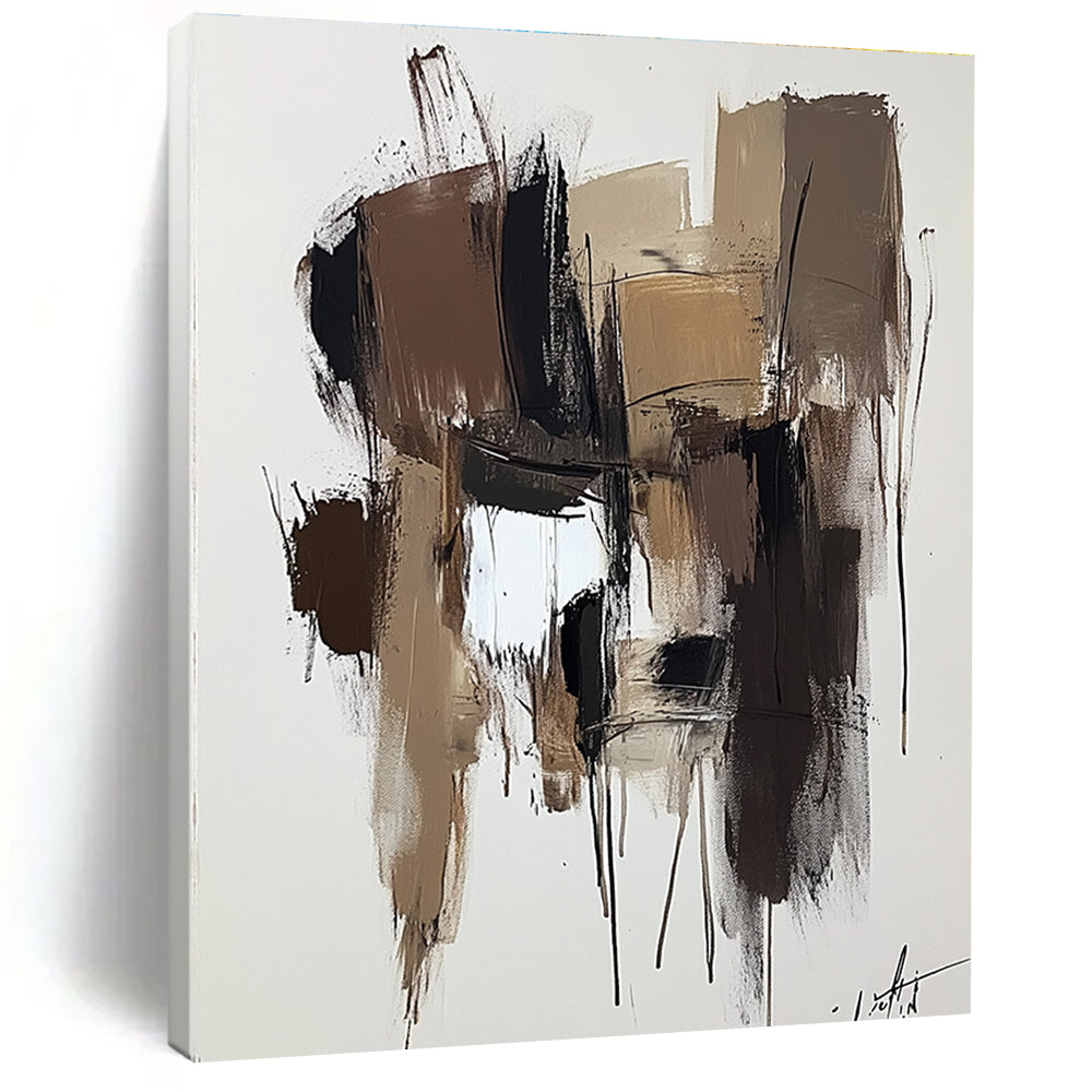 Large abstract painting in brown and beige with thick brush strokes on a dark gray background showcasing modern art style and neutral tones.STSC746