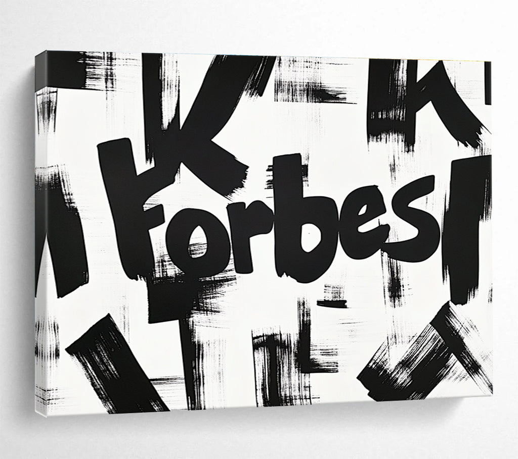 A large abstract artwork featuring the bold yet graceful lettering of K Forbes, showcasing soft curves and dynamic brush strokes in black ink on white paper.SC469