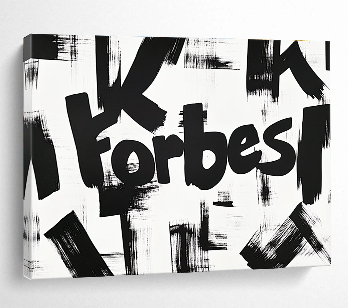 A large abstract artwork featuring the bold yet graceful lettering of K Forbes, showcasing soft curves and dynamic brush strokes in black ink on white paper.SC469