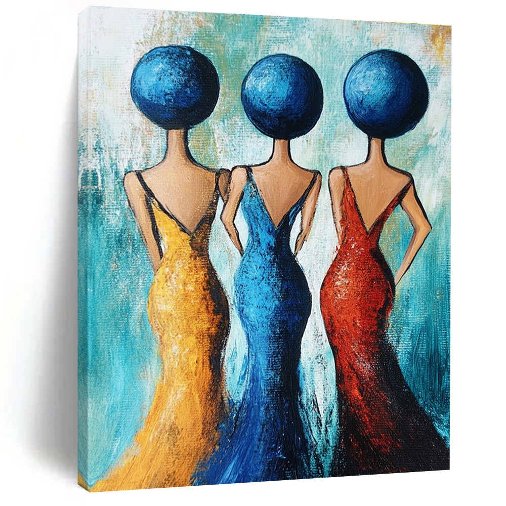 Large abstract acrylic painting featuring three women in evening dresses adorned with blue spheres against a turquoise background in full-body view.STSC005
