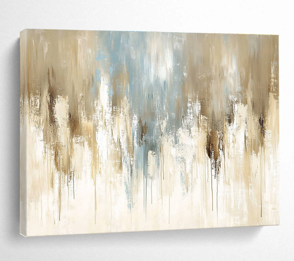 Large abstract painting featuring soft beige and light blue tones with vintage oil texture and elegant paint drips on canvas.SC009