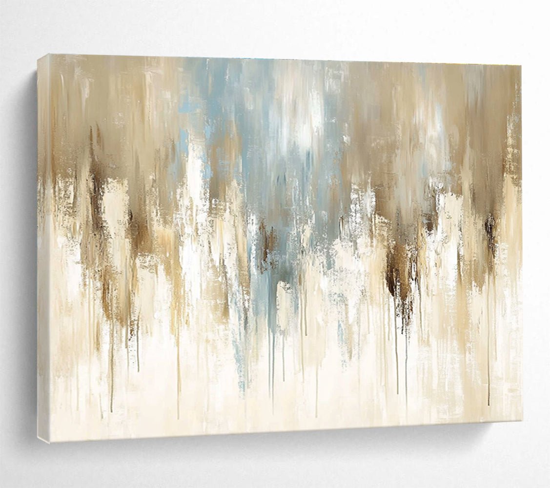 Large abstract painting featuring soft beige and light blue tones with vintage oil texture and elegant paint drips on canvas.SC009