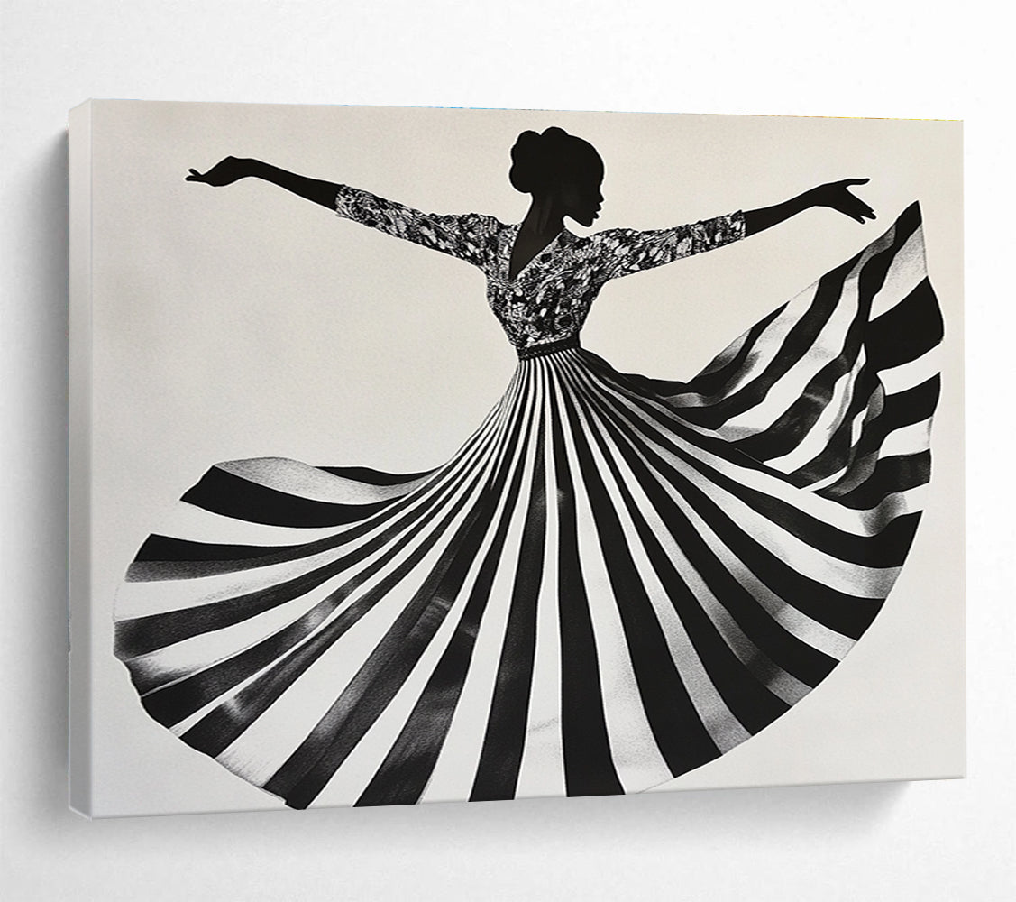 Black White Floral - Patterned Dress Dancing Silhouette Abstract Painting DYP020