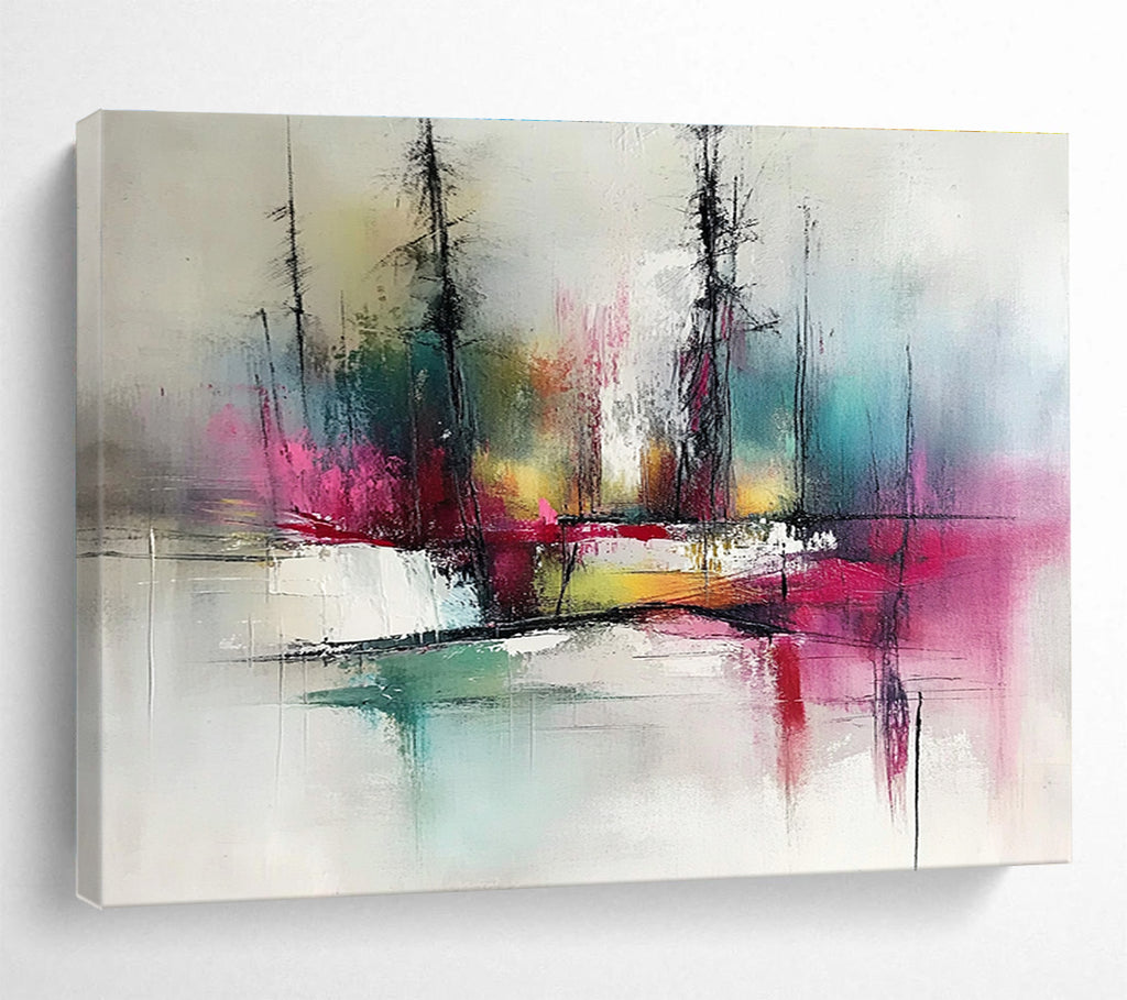 Colorful Forest Reflection Abstract Painting with Vibrant Trees and Water DYP249