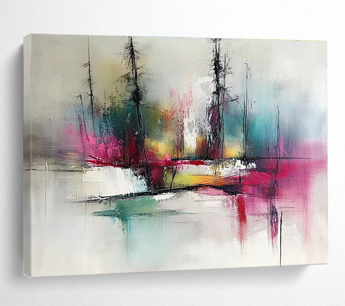 Colorful Forest Reflection Abstract Painting with Vibrant Trees and Water DYP249