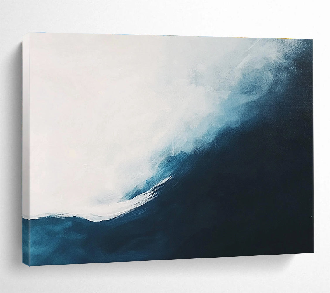 Abstract painting of an ocean wave featuring white and dark blue tones in a minimalist style, perfect for modern decor.SC162