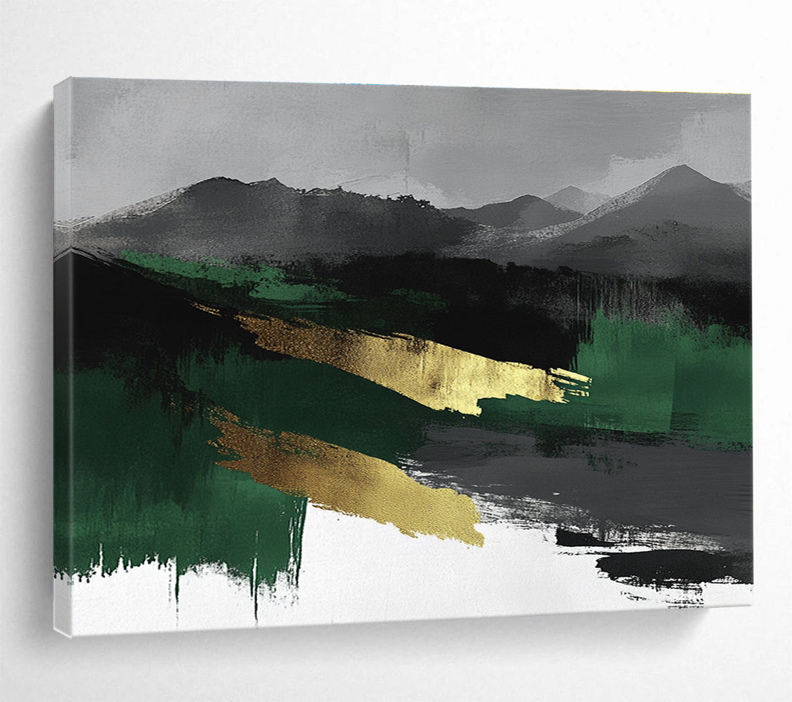 Large abstract watercolor landscape in green, black, and gray with gold accents, perfect for modern decor.SC050