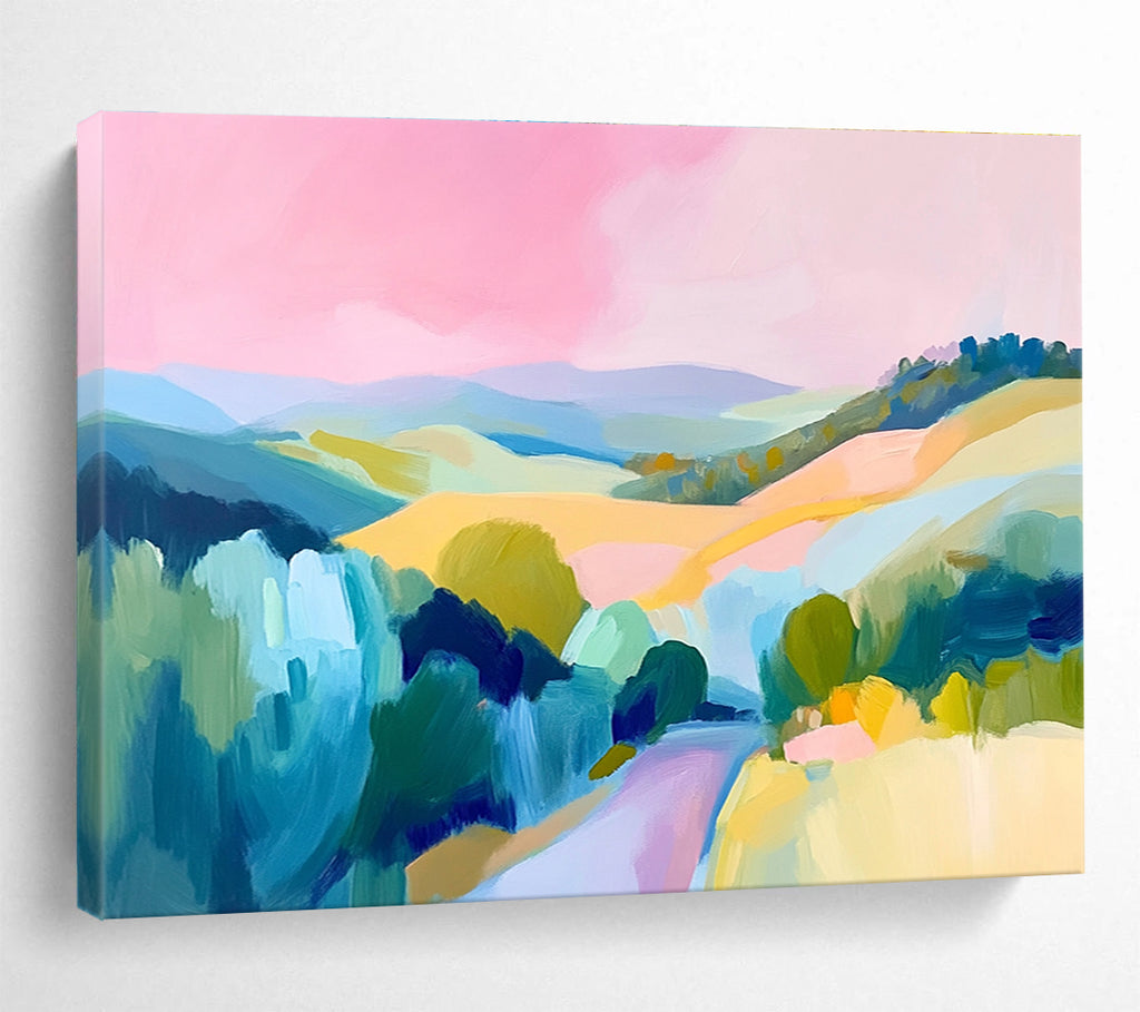 Large abstract painting of the French countryside featuring rolling hills a pink sky and vibrant blue green and yellow brush strokes.SC129