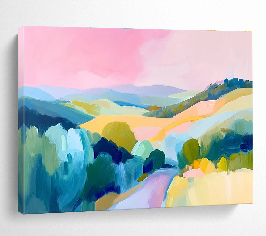 Large abstract painting of the French countryside featuring rolling hills a pink sky and vibrant blue green and yellow brush strokes.SC129