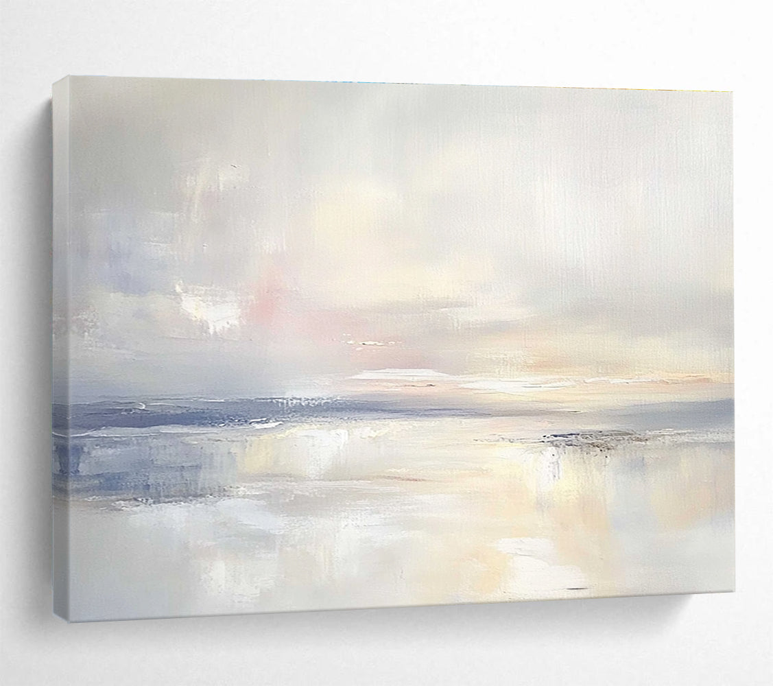 A large abstract painting featuring an open sky and gentle clouds in muted pastels, blending into serene waters for a tranquil ambiance.SC556