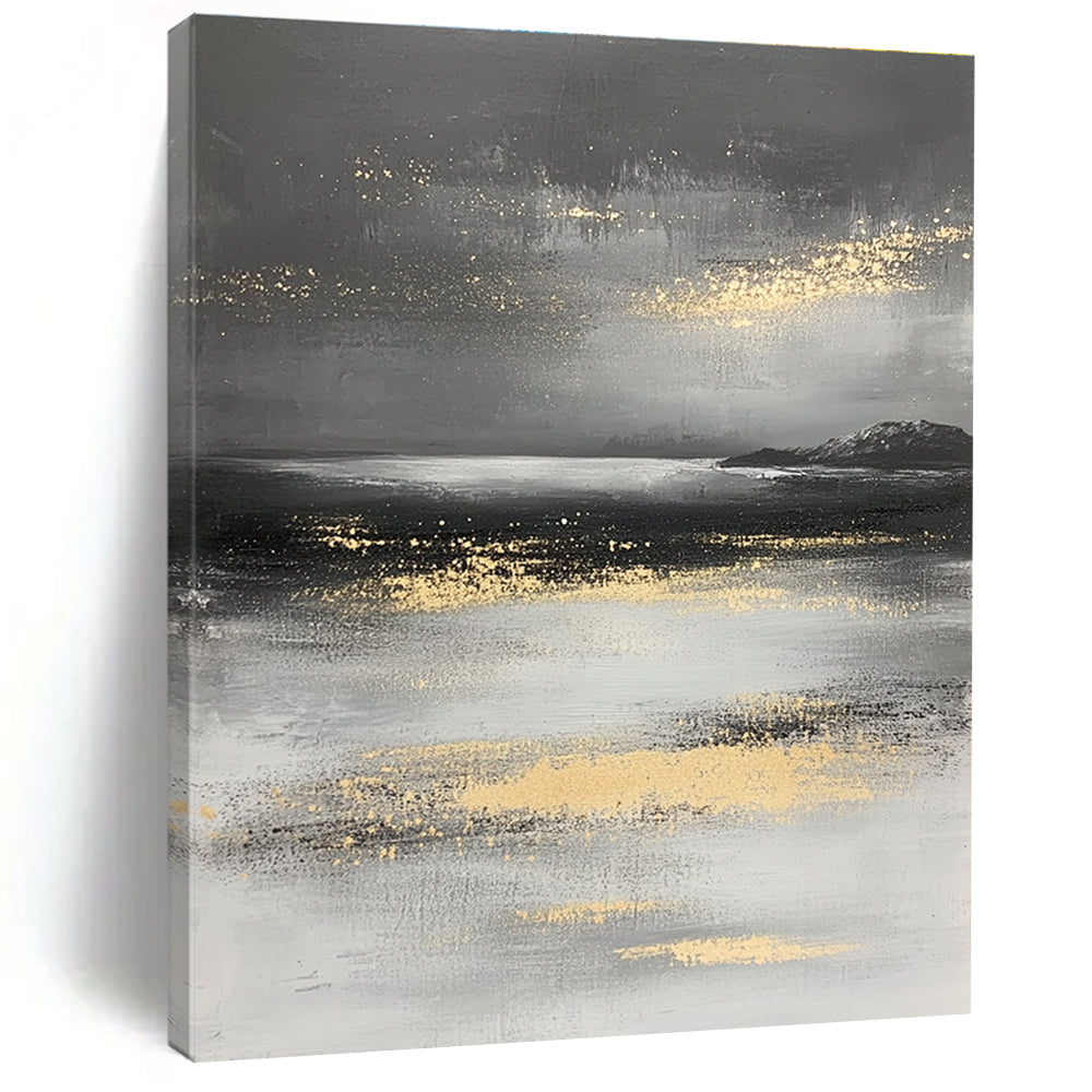 Large abstract painting in gray and white with gold accents depicting a mysterious ocean landscape and misty island.STSC064