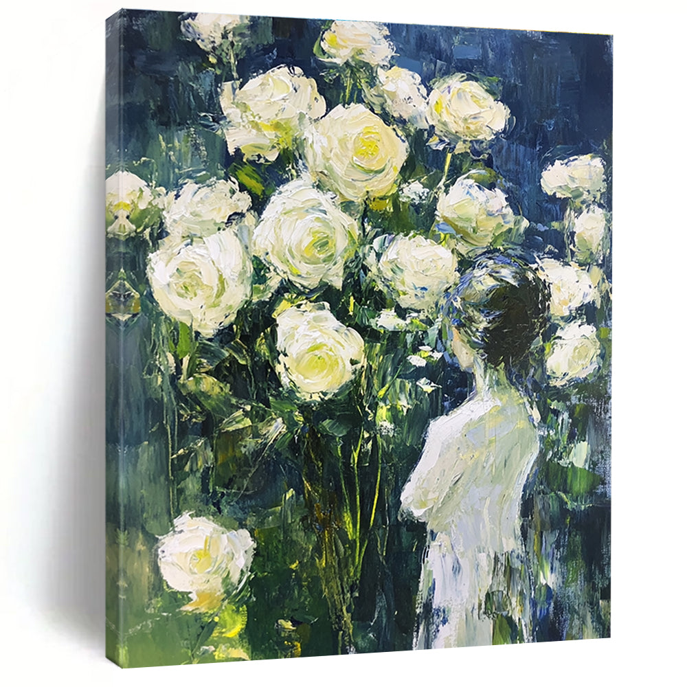 Abstract painting of fluid white roses on a dark blue background with light green accents, perfect for enhancing any space.STSC1489
