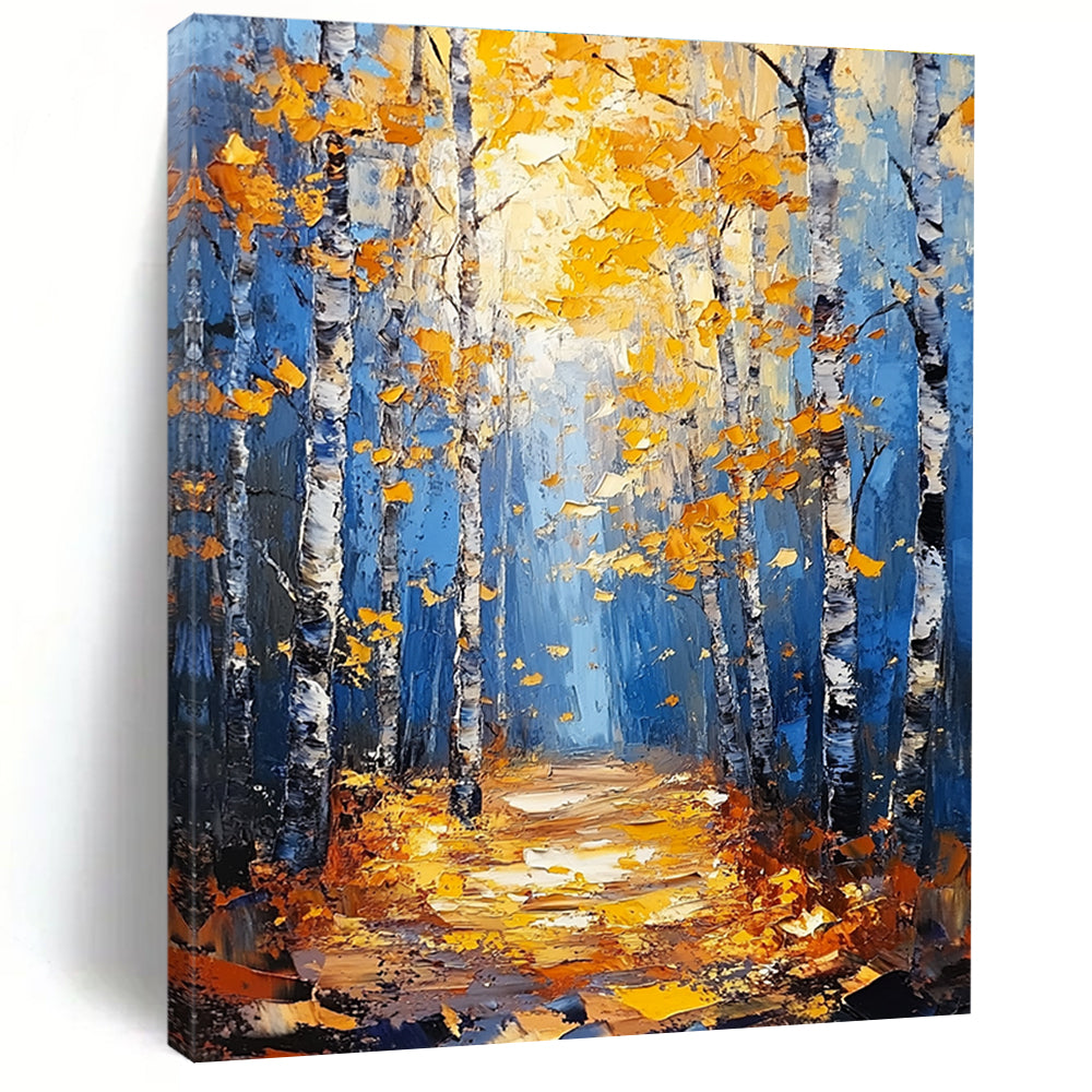 Large abstract painting of birch trees in autumn featuring blue and gold tones with textured background and tranquil atmosphere of sunlight filtering through branches.STSC870