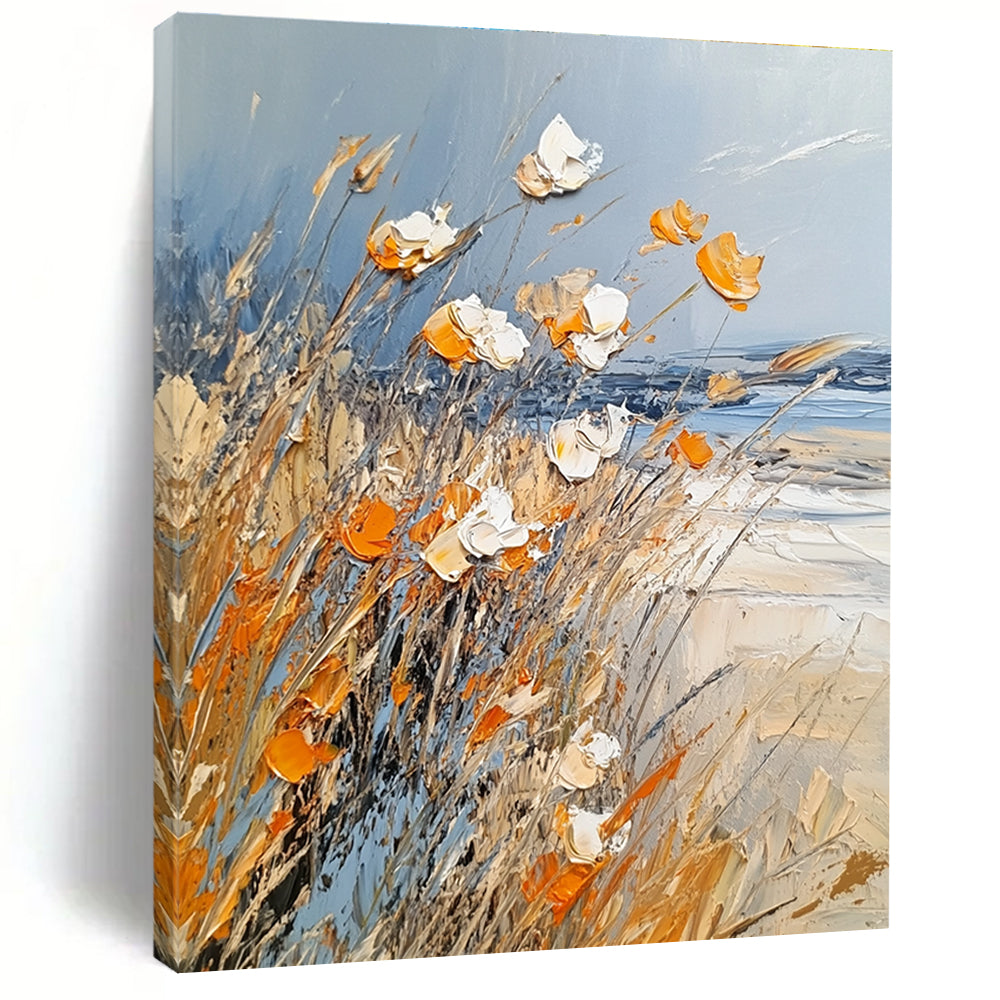 Large abstract painting of beach grass in light blue white and orange featuring thick brush strokes and textured palette knife techniques.STSC880