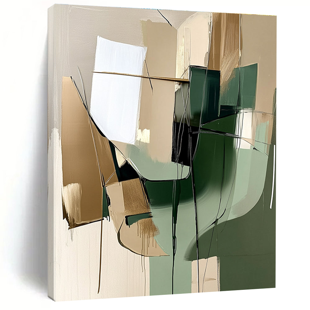 Green and Beige Abstract Painting with Dynamic Lines GER442