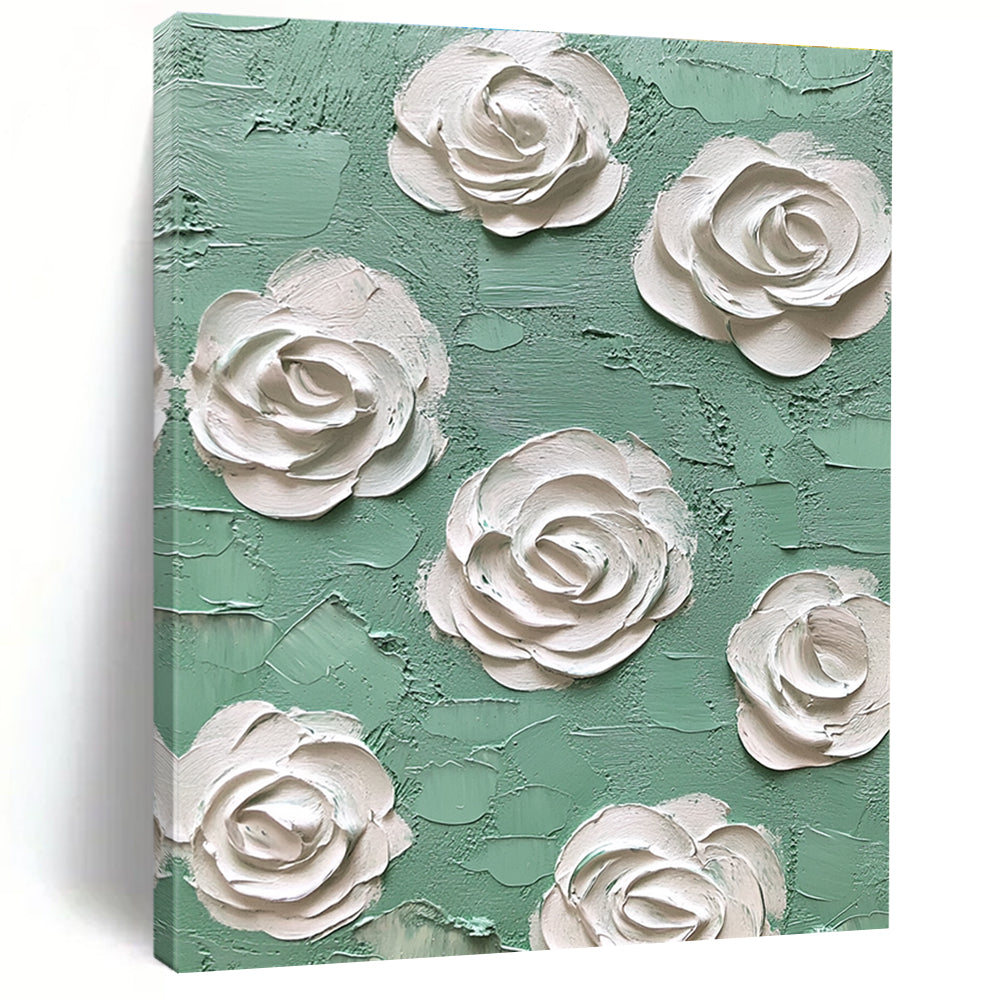 Abstract oil painting featuring mint and white roses with textured impasto layers in green and cream tones, a fine art masterpiece of high detail.STSC1350