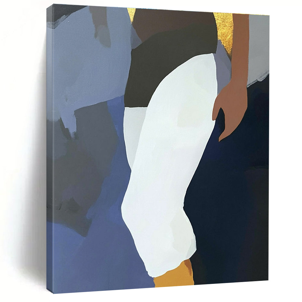 Large abstract painting featuring a fluid design with a dark blue background elegant Devanagari lettering and an anime character in white pants and black socks.STSC936