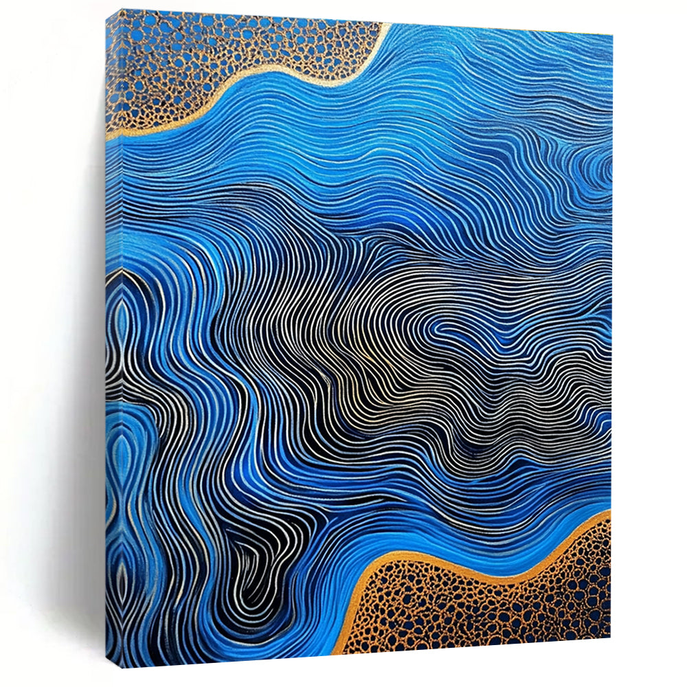 Large abstract artwork featuring flowing river patterns on blue agate with gold lines and a striking high contrast color palette.STSC957