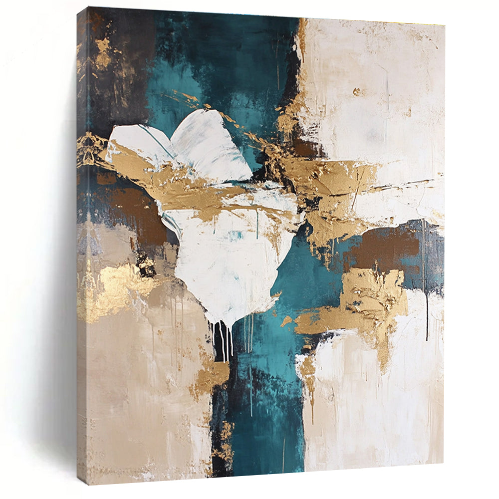 Teal and Gold Abstract Painting with Fluid Shapes GER447