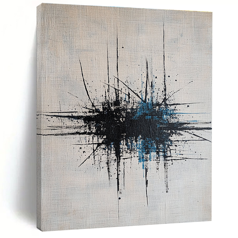 Large abstract painting featuring dynamic lines and dots in grey, blue, and black on a crisp white canvas.STSC189