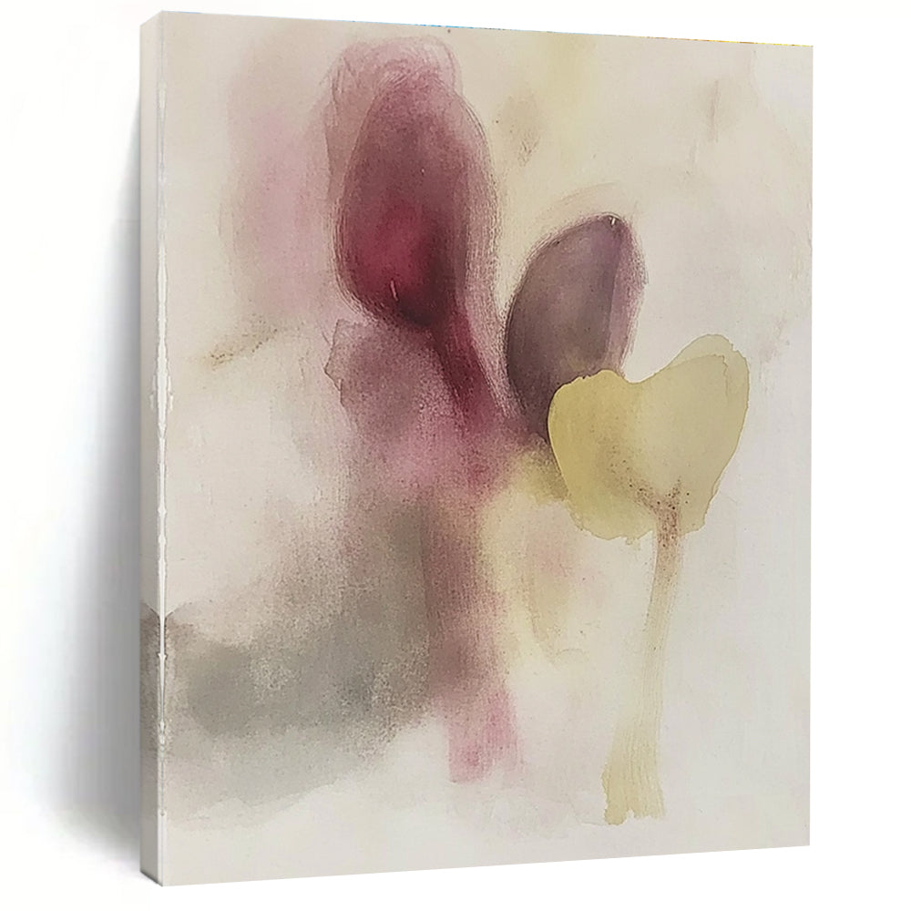 Large abstract painting featuring muted colors soft shapes resembling eggplant and flowers with subtle hints of faces in watercolor.STSC503