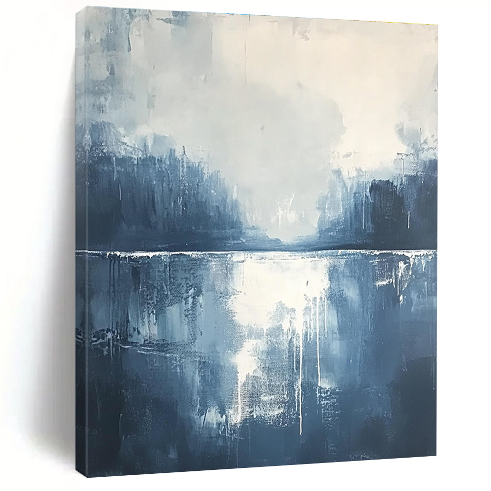 Large abstract painting of misty clouds and water in dark blue and grey with white accents creating an atmospheric and detailed composition.STSC322