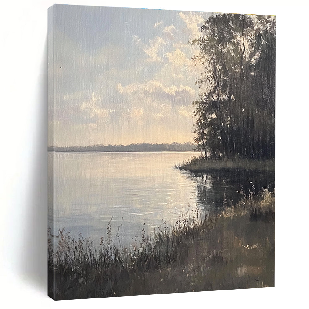 Large abstract painting depicting serene Chautauqua Lake with muted colors soft sunlight and detailed brushstrokes creating a tranquil atmosphere.STSC1173