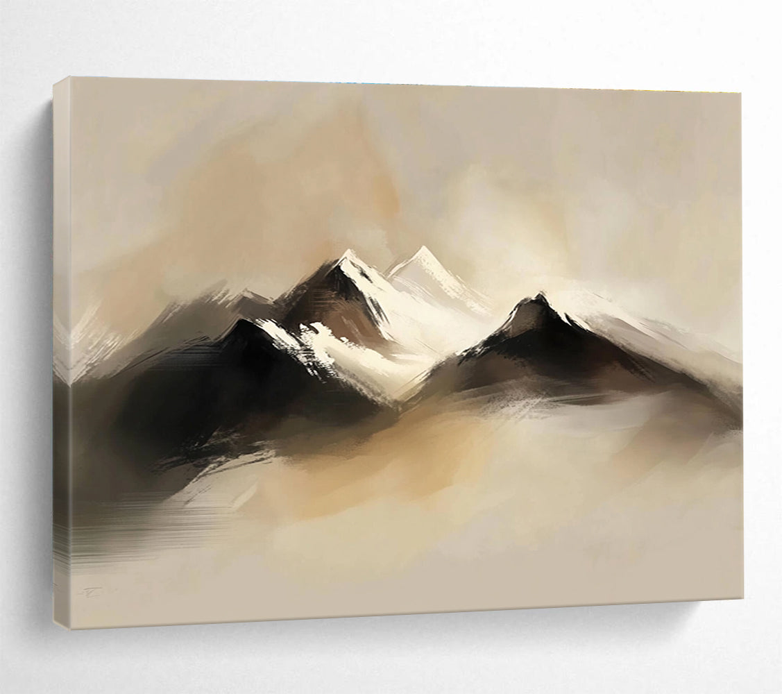 Abstract digital painting of serene snow-capped mountains featuring soft brush strokes and muted colors enveloped in mist.SC301