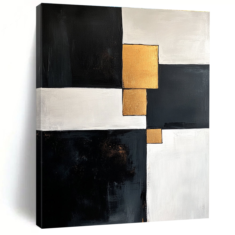 Black White and Gold Abstract Painting with Geometric Gold Accents GER667