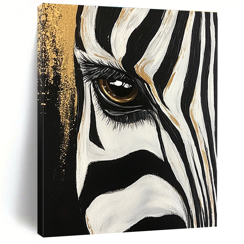 Large abstract painting of a zebra's eye and stripes featuring bold brushstrokes with gold accents against a textured black and white background.STSC956