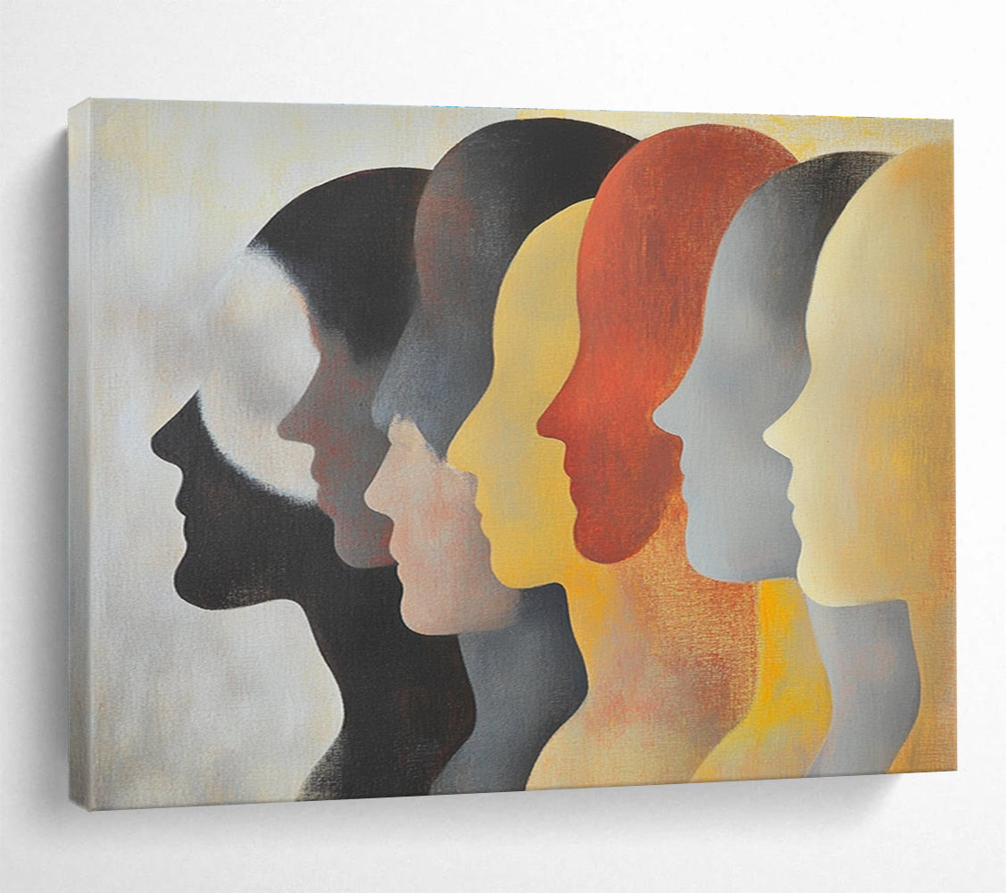 Large abstract painting featuring faces in profile with diverse skin tones and hairstyles in soft colors on a light background.SC548
