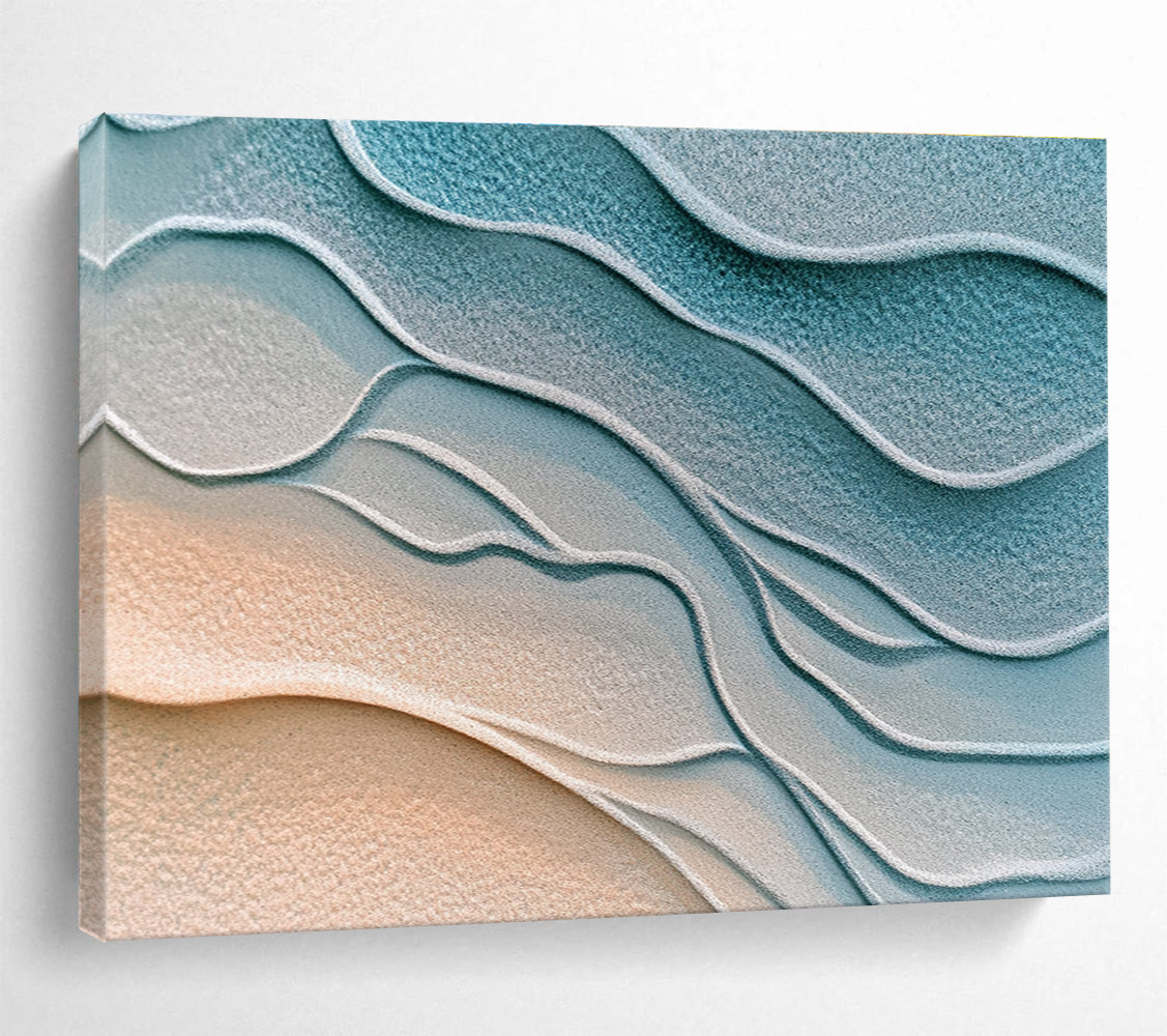 This abstract painting portrays textured Martian sand in soft light blue and gray hues, creating a serene and tranquil atmosphere with gentle ripples.SC452