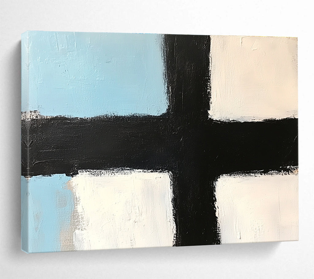 Blue White Black Geometric Abstract Painting with Clean Lines DYP309